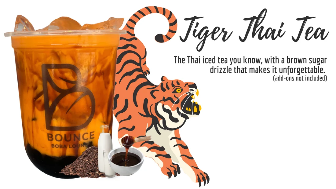 Tiger Thai Tea with tiger artwork, tea leaves, milk and brown sugar syrup